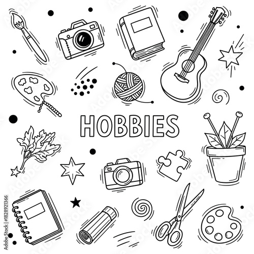 Doodle art illustration of popular hobbies in black and white