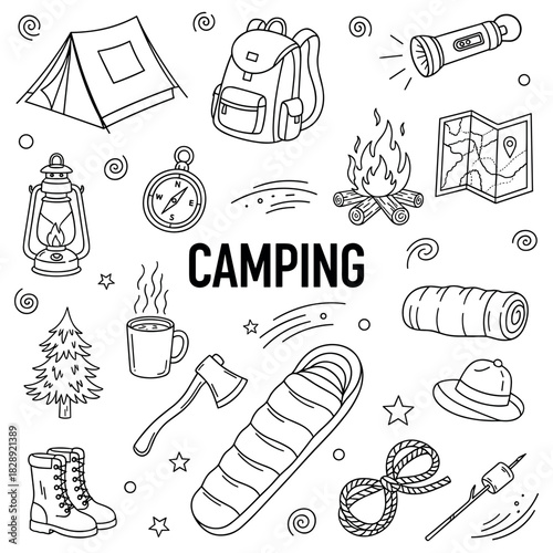 Camping essentials: tent, backpack, campfire, and outdoor gear line art