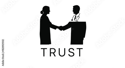 Silhouette of a female doctor and a male doctor shaking hands above the word trust, isolated on white background
