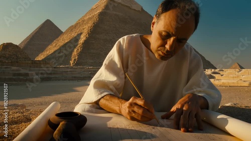 Ancient Egyptian scribe recording measurements on papyrus scroll by pyramid under warm sun shadows