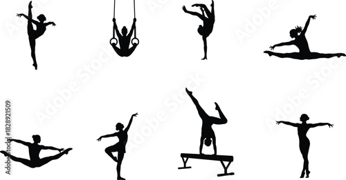 Acrobat and gymnast silhouettes set, aerial ring performance, balance beam poses, artistic sport motion shapes, flexibility training vectors, dance 