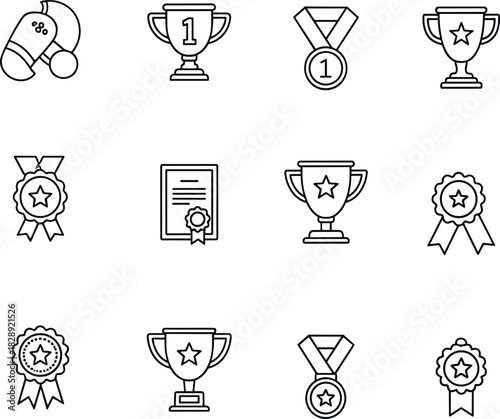 Award icons outline set, trophy, medal, certificate, badge silhouettes, victory symbols, achievement collection, champions rewards, contest prizes,  
