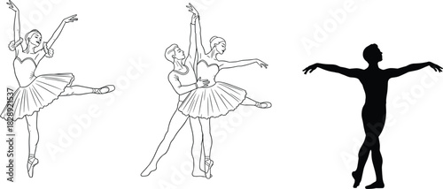 Ballet dancers line art set, ballerina pose, dance couple sketch, silhouette, classical ballet illustration, artistic performance vector, graceful movement 
