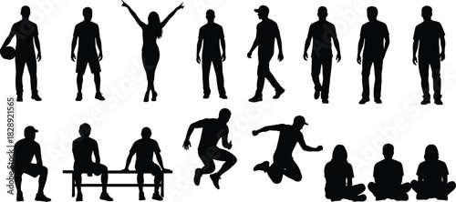 People black silhouettes set, diverse group of young adults standing, walking, sitting, jumping, cheering, and posing in various casual, dynamic, and relaxed social activities.