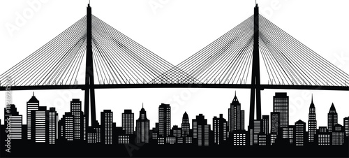 Black city skyline silhouette with cable-stayed bridge, urban architecture, skyscrapers, downtown panorama, metropolitan landscape vector illustration, modern city view, graphic design asset.