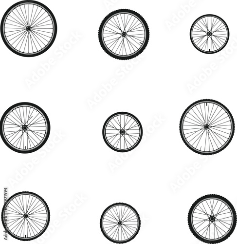 Bicycle wheel sketch set, front view, road and mountain bike rim, tire tread, spokes, cycling parts illustration, black line art design, vector template,comma separated.