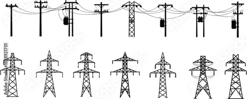 Electric power line silhouettes, transmission towers vector set, energy grid infrastructure, utility poles outline, electricity distribution icons, industrial technology illustration isolated on white