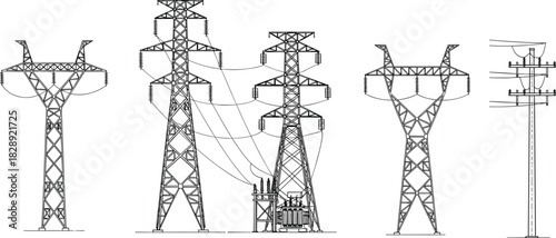 Electricity transmission tower set, high voltage pylons, power lines, substation transformer, energy infrastructure icons, industrial electrical engineering, vector silhouette collection