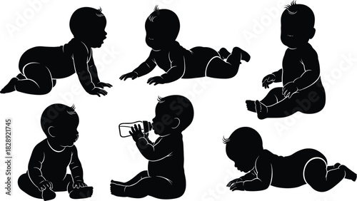 Baby vector silhouette set, infants sitting, crawling, and feeding from a bottle, illustrating early developmental milestones, childhood, innocence, and newborn care graphics.