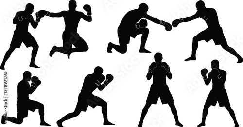 Boxing vector black silhouettes set, professional fighters in dynamic combat and punching poses, illustrating sports, fitness, martial arts, competition, and intense physical training.