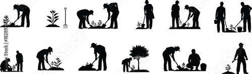 Gardening silhouette icon set, planting, digging, raking, pruning humans outdoor, garden tools, farmers working, landscaping graphic bundle, agriculture vector collection,comma separated.