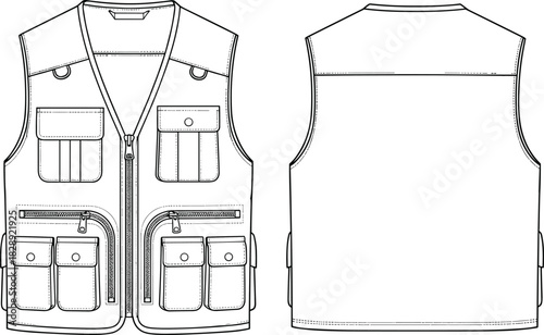 Multi pocket tactical vest outlines, front and back view, utility waistcoat design, fishing vest sketch, workwear apparel illustration, sleeveless jacket template