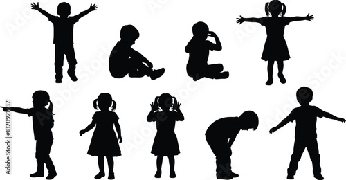 Children black vector silhouette set, kids standing, sitting, playing, excited, pointing, and bending over, illustrating childhood activities, innocence, and diverse happy poses.