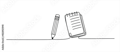 Minimalist line art illustration of a pencil and notepad for creative writing