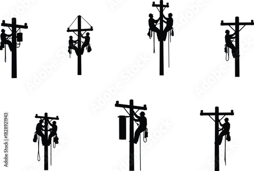 Lineman silhouette, utility worker on power pole, climbing equipment, cable technician, electrician at work, industrial safety, workforce icon set, energy infrastructure, black isolated vector art