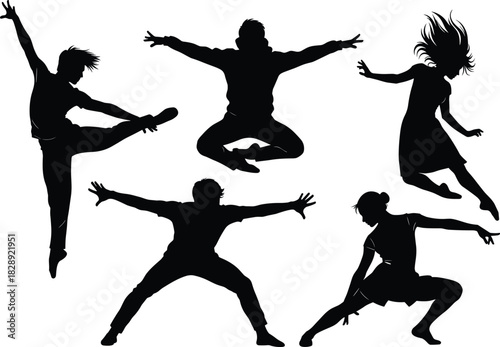 Dynamic jumping vector silhouettes set, young men and women in various high-energy poses, illustrating freedom, excitement, active lifestyle, dance, and expressive movement graphics.