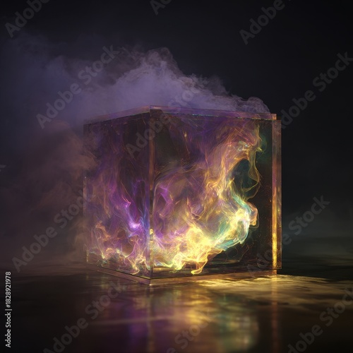 Mystical Alchemy - Colorful, Glowing Smoke Trapped and Escaping a Transparent Cube on a Reflective Surface.