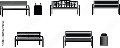 Park bench silhouette set, outdoor seating, trash bin, public street furniture, urban park elements, garden chair design, cityscape accessory vectors, landscape 