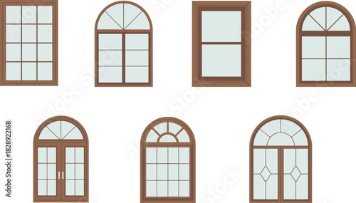 Vintage Window Frame Collection, Wooden Arched and Rectangular Grid Windows, Architectural Design Elements, Classic Pane Styles, Isolated Transparent Background, Home Decor, Interior Exterior, High 