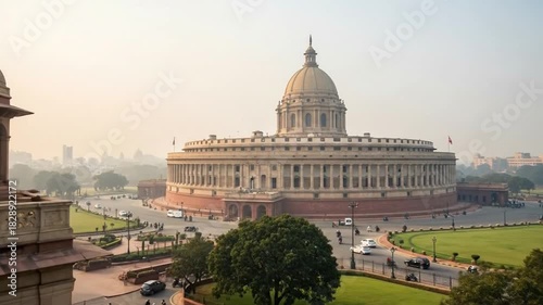 Scenic views of the Parliament House in New Delhi, India, on a hazy morning
