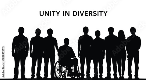 Silhouette of diverse group of people standing together with one person in a wheelchair symbolizing unity in diversity isolated on white background
