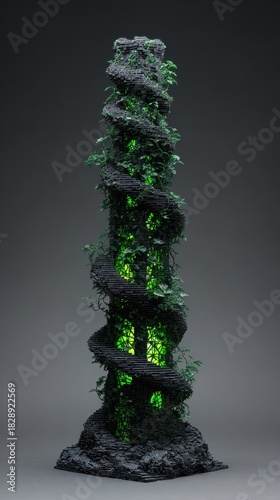 Mystical Glowing Tower with Dragon, Fantasy Art, Dark Green Light, Dramatic Composition.