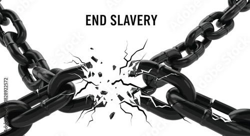 Breaking heavy black metal chain link symbolizing the urgent call to end slavery and promote freedom, isolated on white background
