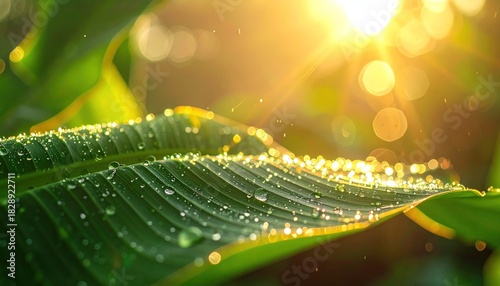Sunlight on dewy leaves