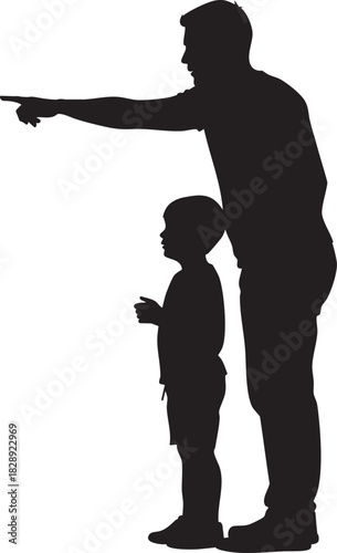 Father and Son Pointing Silhouette: Man Teaching Child, Guiding Direction, Family Bond Vector