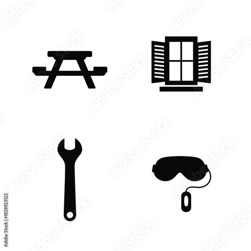 Four black icons showing a picnic table an open window a wrench and safety goggles Keywords: picnic table, outdoor