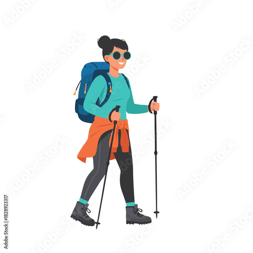 Stylized Illustration of a Woman Hiking with Backpack and Trekking Poles on a Mountain Trail Achieving a Goal