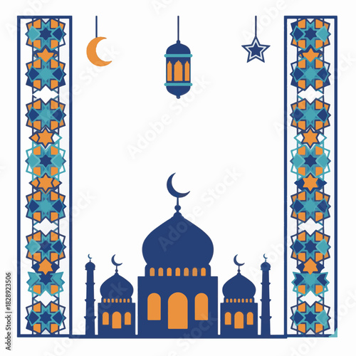islamic ornament background design with star geometric pattern mosque dome crescent moon and hanging lanterns