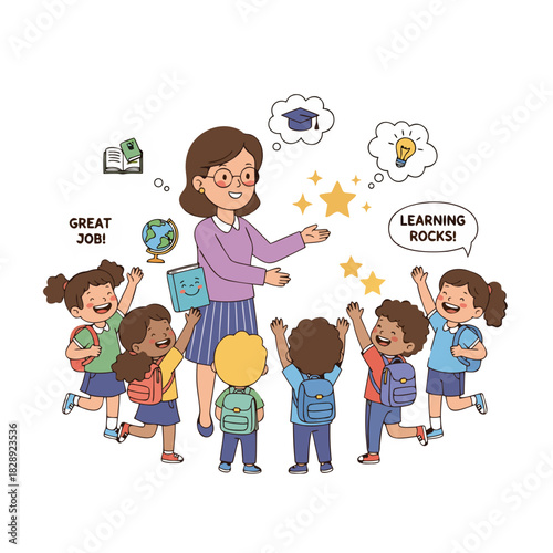 Smiling Teacher Encourages Students in Classroom Activity Promoting Teamwork and Environmental Responsibility After Lessons Learning Rocks Great Job