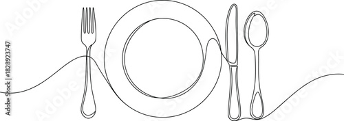 Continuous One Line Drawing of Dinner Plate and Cutlery Set in Minimalist Vector Style
