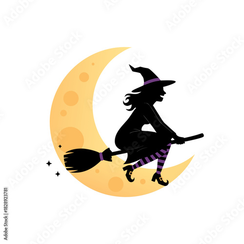 Sparkly Good Witch in Bright Robes with Magical Staff Gentle Smile Flying on Broomstick Against a Crescent Moon in the Night Sky