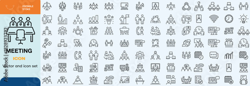 Meeting icon set. Containing seminar, business meeting, presentation, interview, conference, assembly, agreement and discussion icons. Solid icon collection.