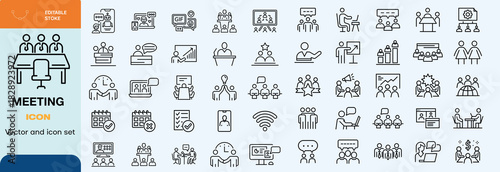 Meeting icon set. Containing seminar, business meeting, presentation, interview, conference, assembly, agreement and discussion icons. Solid icon collection.
