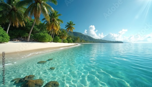 Idyllic tropical coastline panorama with coconut palm trees, turquoise sea lagoon. Green mountain on horizon. White sand beach attracts tourists to travel summer destination. Exotic island nature