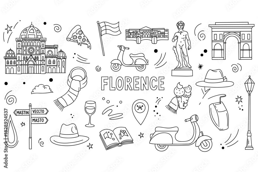 Obraz premium Florence icons: famous landmarks, vespa, statue, pizza, and italian culture illustrations