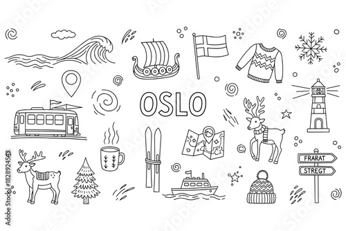 Oslo themes: viking ship, reindeer, sweater, landmarks, winter symbols doodle art