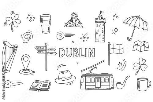 Dublin symbols: shamrock, pint, trinity knot, harp, flag, tram, hat, castle, map