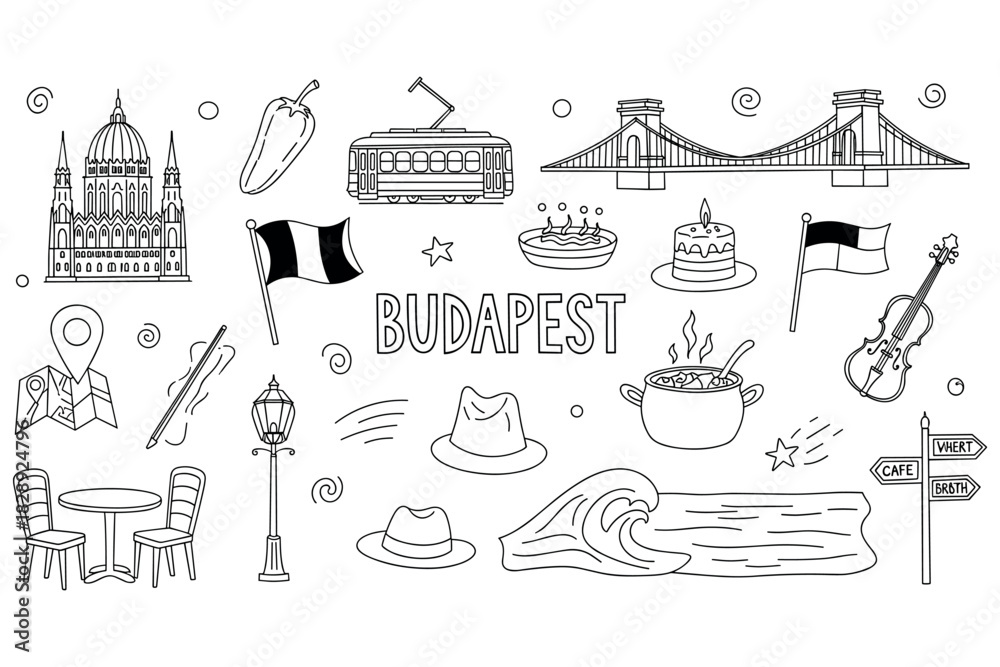 Fototapeta premium Budapest landmarks and cultural icons in black and white line art