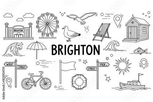 Brighton icons: ferris wheel, deck chair, beach hut, pier, seagull, waves, bicycle, street signs, lifebuoy, boat, sun