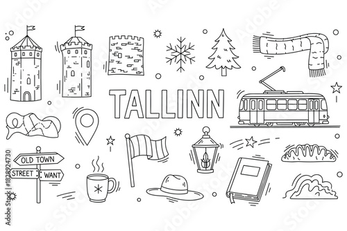 Tallinn landmarks and icons in line art: tram, towers, winter themes, and old town