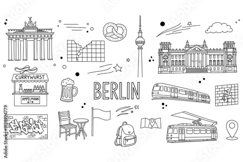 Berlin icons: brandenburger gate, tv tower, currywurst, and more in black and white