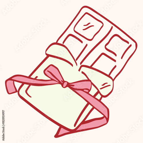 Minimalist hand drawn line art illustration of a chocolate bar wrapped and tied with a pink ribbon, presented as a sweet gift. Ideal for coquette style, food, dessert, or confectionary concepts.