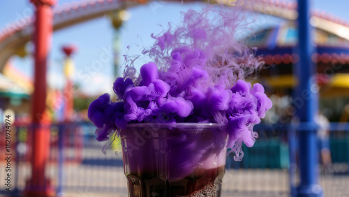 Fototapeta Naklejka Na Ścianę i Meble -  Fun Purple Smoking Drink with Dry Ice Effect in Plastic Cup at Amusement Park or Carnival