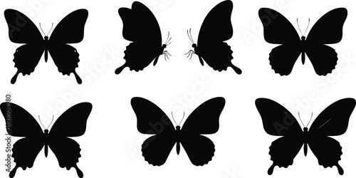 Set of six black butterfly silhouettes with distinct wing shapes and antennae for nature, design, and biodiversity themes