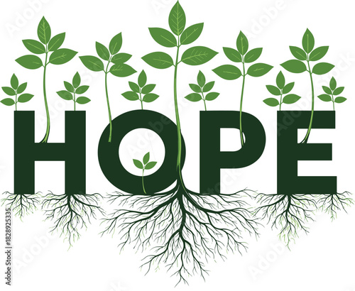 Creative typography vector design of word Hope with sprouting green leaves and detailed roots symbolizing nature and growth.