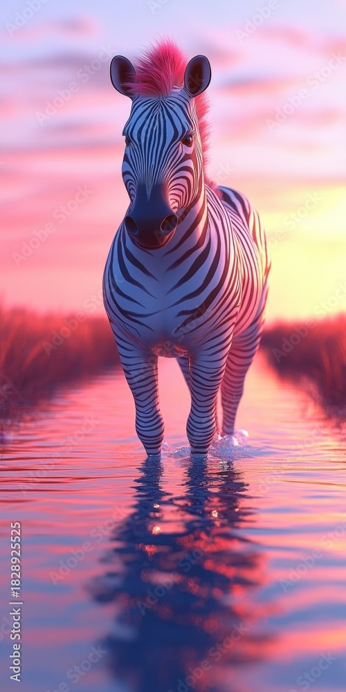 Obraz premium A majestic zebra stands calmly in a body of water, with a vibrant pink sky forming a dramatic backdrop. The scene evokes a sense of serenity and the beauty of wildlife.